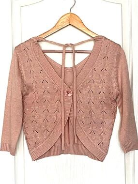 Am Mi Rose Vintage Japan Pink Pointelle Cable Knit Cropped Cardigan Sweater, XS